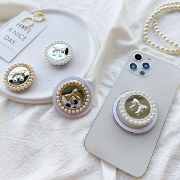 Suport universal pentru birou din aliaj, cu magnet lipicios pentru telefon, design nod papion cu inel de perle, portabil pentru vizionarea videoclipurilor