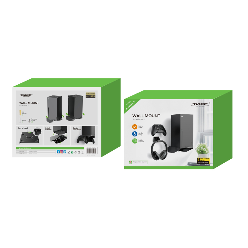 Стенно монтиран държач за Xbox Series X — стоманена + ABS конструкция, държи конзола, контролери и слушалки, тегло 723 г