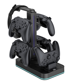 Switch2Pro зарядна стойка със съхранение за слушалки, ABS корпус, вградени фенери, зареждане и съхранение за контролери и слушалки Switch2Pro