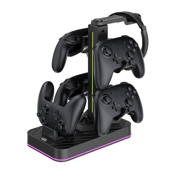 Switch2Pro зарядна стойка със съхранение за слушалки, ABS корпус, вградени фенери, зареждане и съхранение за контролери и слушалки Switch2Pro