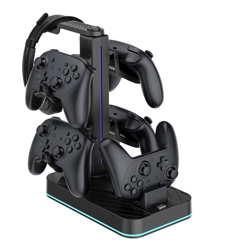 Switch2Pro зарядна стойка със съхранение за слушалки, ABS корпус, вградени фенери, зареждане и съхранение за контролери и слушалки Switch2Pro