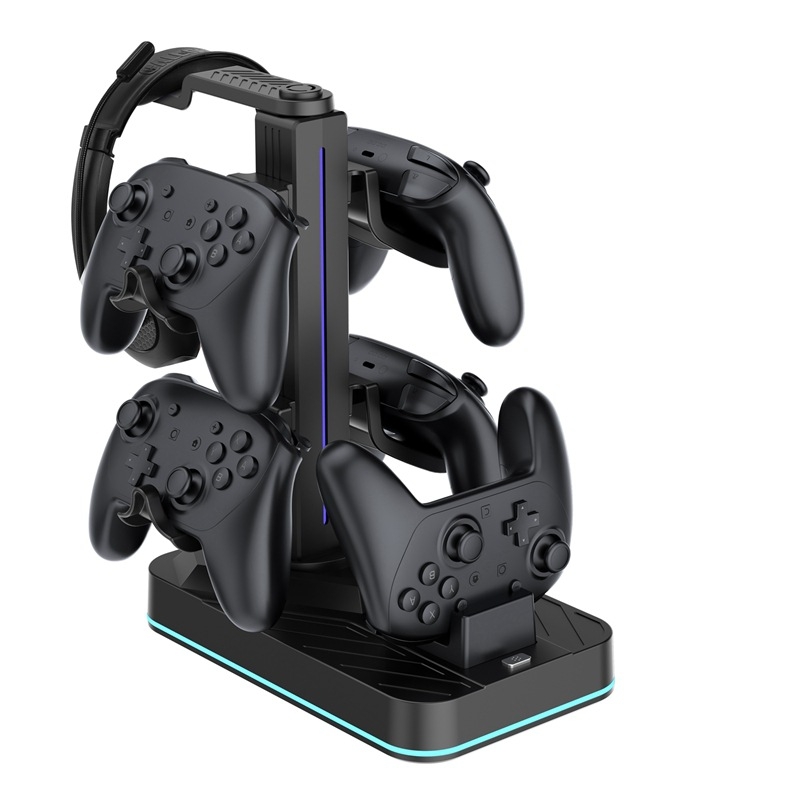 Switch2Pro зарядна стойка със съхранение за слушалки, ABS корпус, вградени фенери, зареждане и съхранение за контролери и слушалки Switch2Pro