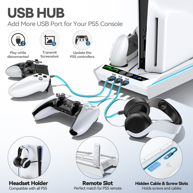 OIVO PS5 stanica za hlađenje s USB-C punjačem za bežične kontrolere i nosač za slušalice