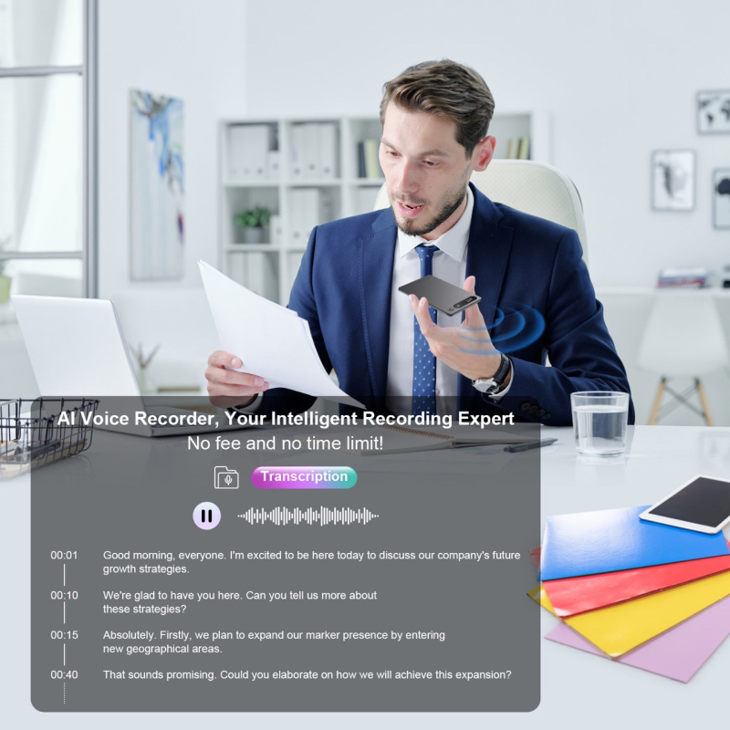 AI diktofons ar ChatGPT — AI transkripcija un kopsavilkums, MP3 ieraksts, 48 h, TF karte, divu mikrofoni, ierakstīšanas attālums 30 m