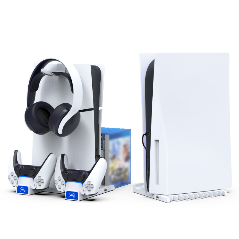 IPEGA PS5 Slim Πολυλειτουργική βάση φόρτισης με διπλό σταθμό ελεγκτών, χώρο αποθήκευσης ακουστικών και θήκη δίσκων, ABS υλικό