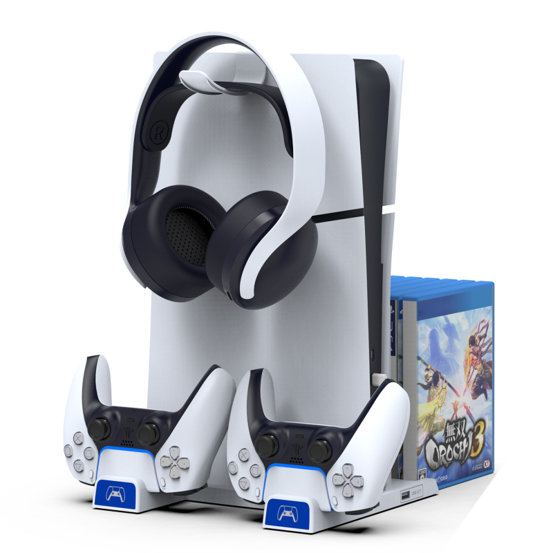 IPEGA PS5 Slim Πολυλειτουργική βάση φόρτισης με διπλό σταθμό ελεγκτών, χώρο αποθήκευσης ακουστικών και θήκη δίσκων, ABS υλικό