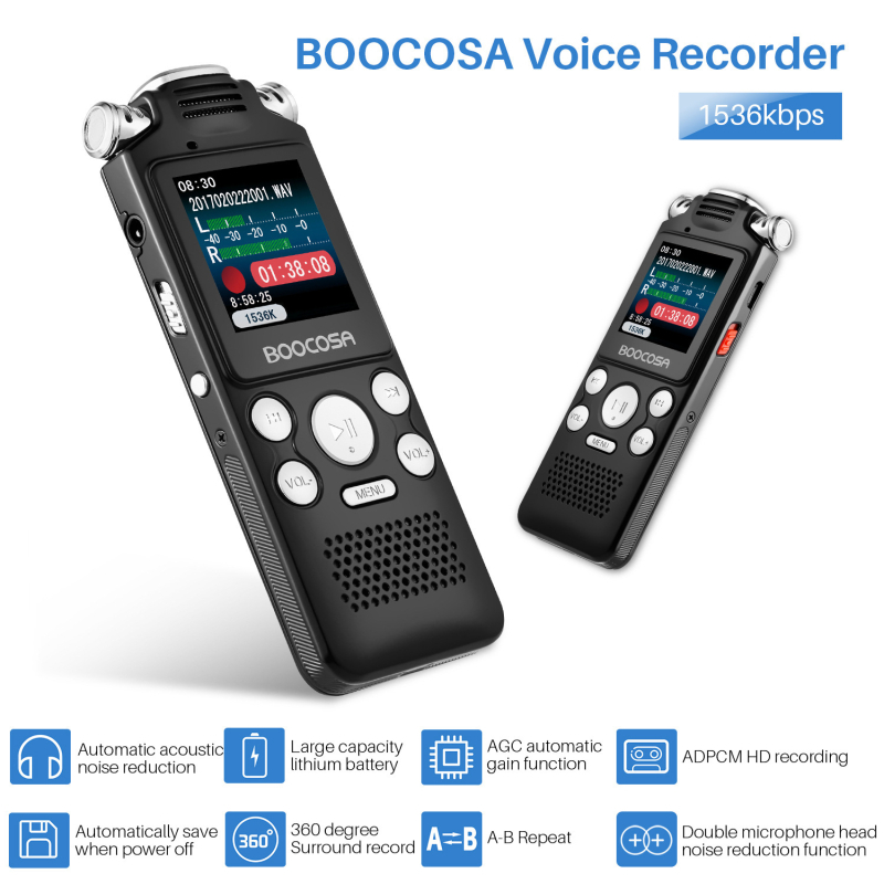 Recorder de conferințe 8822 cu reducere a zgomotului, player MP3 portabil, înregistrare MP3/WAV, 1800 min, USB 2.0, card TF, două microfoane