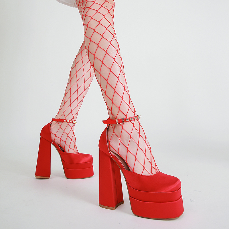 Mobeini сатенени сандали с презрамки и катарама, квадратна носка, PU подметка