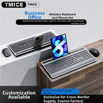 Tyli bevielė klaviatūros ir pelės rinkinys su planšetės laikikliu, ergonomiška delno atrama, apšvietimas, DPI 800-2400; suderinama su Windows/macOS/iOS/Android
