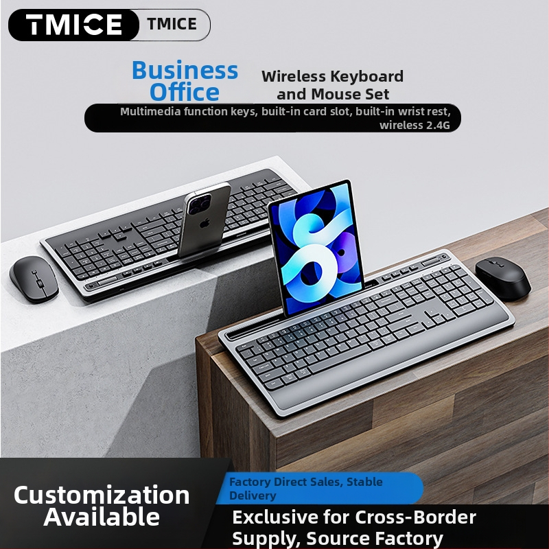 Tyli bevielė klaviatūros ir pelės rinkinys su planšetės laikikliu, ergonomiška delno atrama, apšvietimas, DPI 800-2400; suderinama su Windows/macOS/iOS/Android