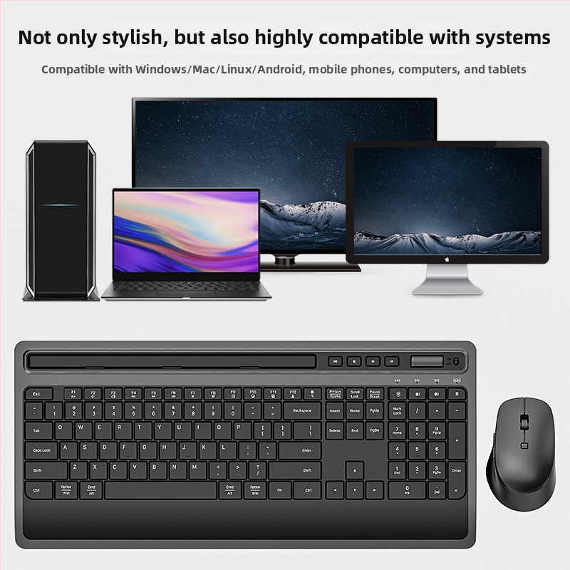 Tyli bevielė klaviatūros ir pelės rinkinys su planšetės laikikliu, ergonomiška delno atrama, apšvietimas, DPI 800-2400; suderinama su Windows/macOS/iOS/Android