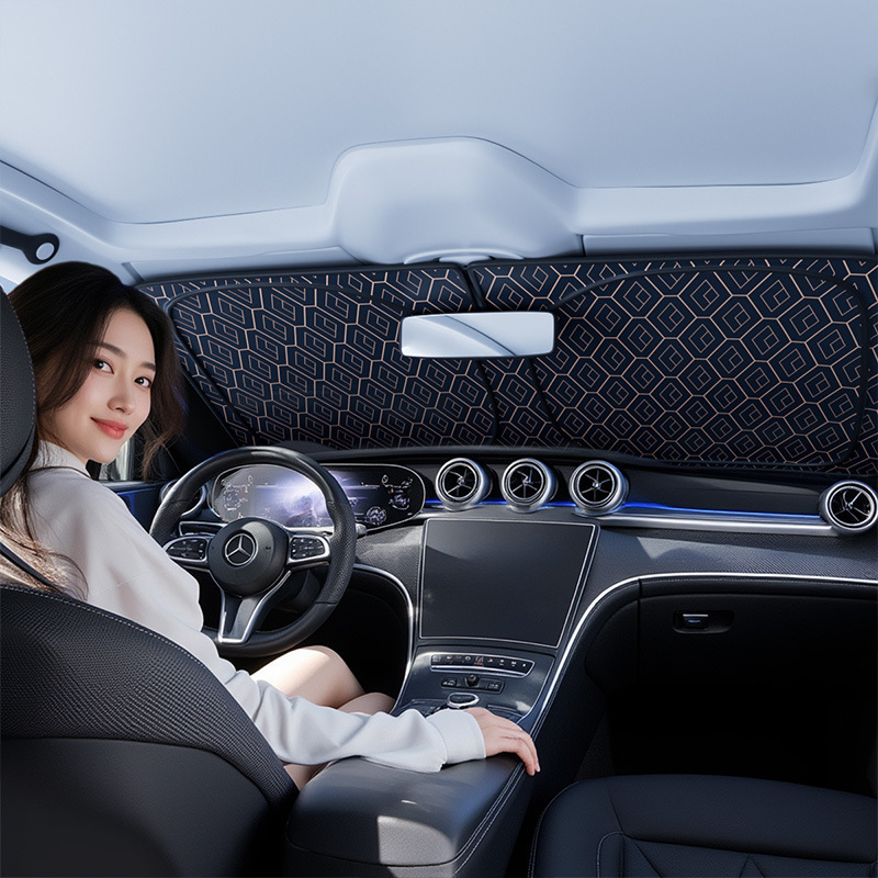 Αυτοκινητικό σκίαστρο για μπροστινό παρμπρίζ, διαμαντωμένο πλέγμα λέιζερ, αναδιπλούμενο αλουμινένιο φιλμ, εγκατάσταση με snap-in, γενική εφαρμογή, δυνατότητα εκτύπωσης λογότυπου