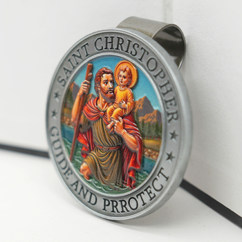 Метален клип за автомобилен слънцезащитен визьор със мотив Свети Христофор, цинкова сплав, леене под налягане, персонализируем, монтаж чрез щракване