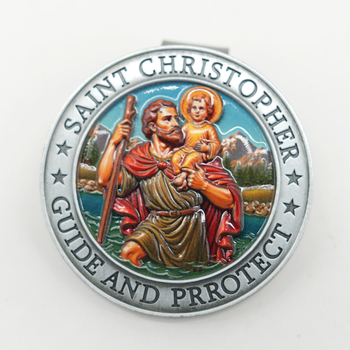 Метален клип за автомобилен слънцезащитен визьор със мотив Свети Христофор, цинкова сплав, леене под налягане, персонализируем, монтаж чрез щракване