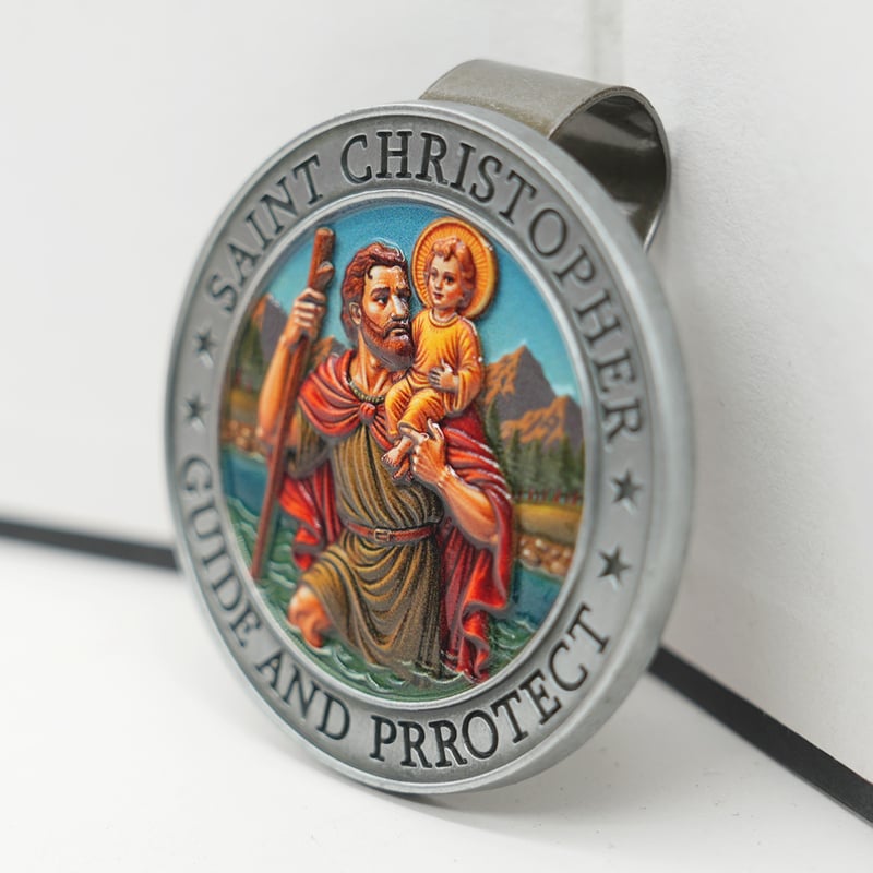 Метален клип за автомобилен слънцезащитен визьор със мотив Свети Христофор, цинкова сплав, леене под налягане, персонализируем, монтаж чрез щракване