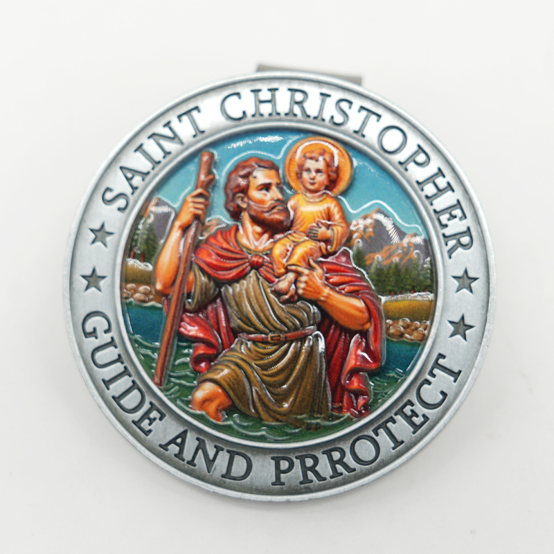 Метален клип за автомобилен слънцезащитен визьор със мотив Свети Христофор, цинкова сплав, леене под налягане, персонализируем, монтаж чрез щракване