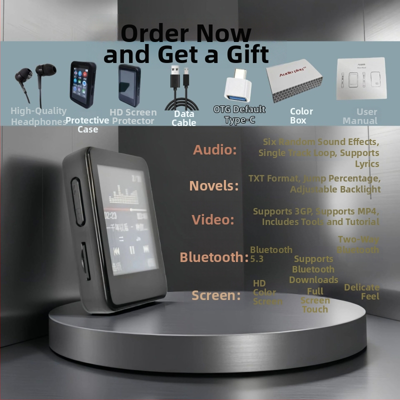 Prenosný hudobný prehrávač M190, dotykové + tlačidlové ovládanie, Bluetooth, podpora TF karty a USB 2.0, formáty MP3/WMA/WAV/OGG/FLAC/AAC/APE