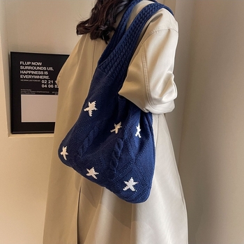 Pletená taška s hviezdnym dizajnom, taška na rameno s veľkou kapacitou, materiál: polyester, podšívka polyester, vnútorné vrecká na telefón a občiansky preukaz, každodenné použitie