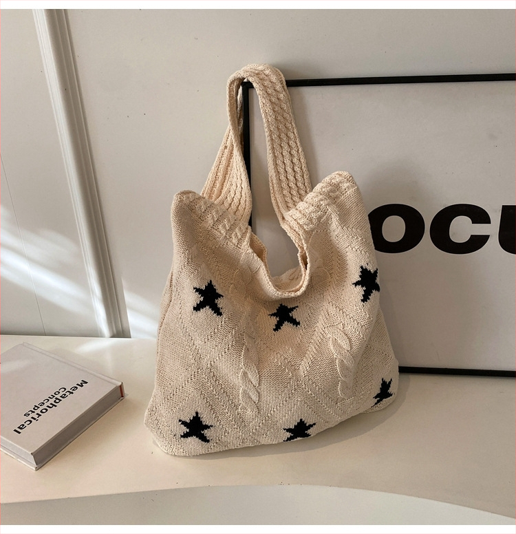 Pletená taška s hviezdnym dizajnom, taška na rameno s veľkou kapacitou, materiál: polyester, podšívka polyester, vnútorné vrecká na telefón a občiansky preukaz, každodenné použitie