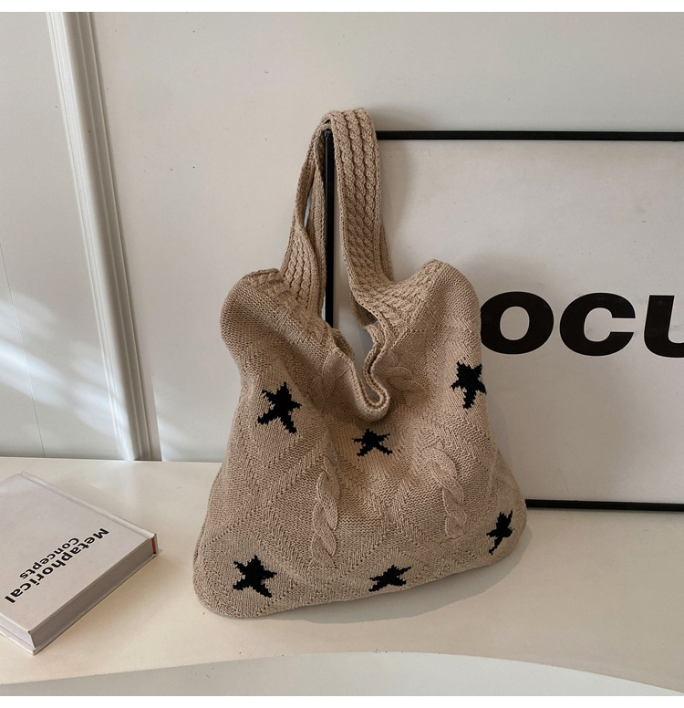Pletená taška s hviezdnym dizajnom, taška na rameno s veľkou kapacitou, materiál: polyester, podšívka polyester, vnútorné vrecká na telefón a občiansky preukaz, každodenné použitie