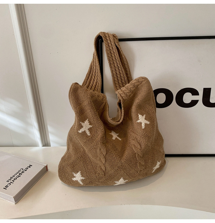 Pletená taška s hviezdnym dizajnom, taška na rameno s veľkou kapacitou, materiál: polyester, podšívka polyester, vnútorné vrecká na telefón a občiansky preukaz, každodenné použitie