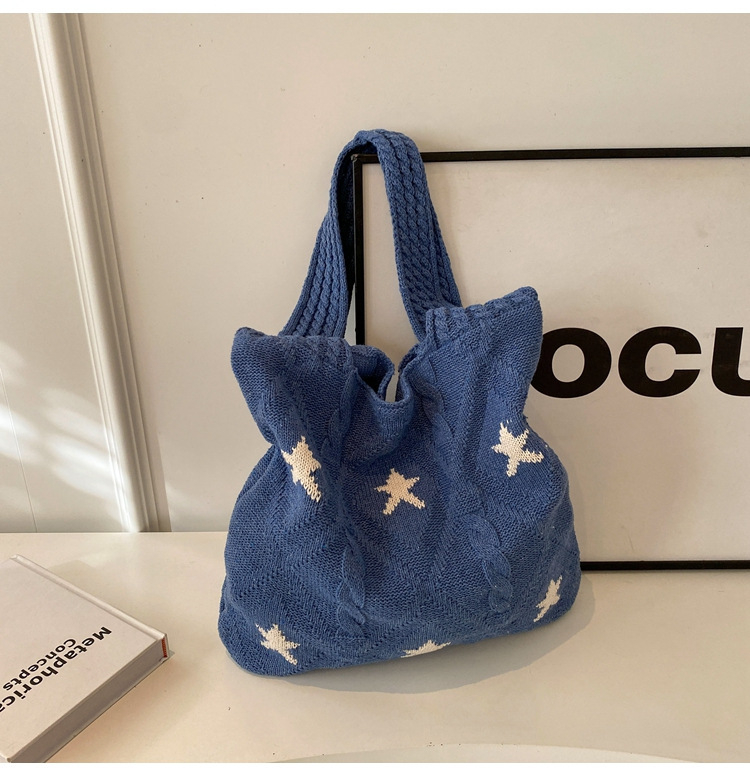 Pletená taška s hviezdnym dizajnom, taška na rameno s veľkou kapacitou, materiál: polyester, podšívka polyester, vnútorné vrecká na telefón a občiansky preukaz, každodenné použitie