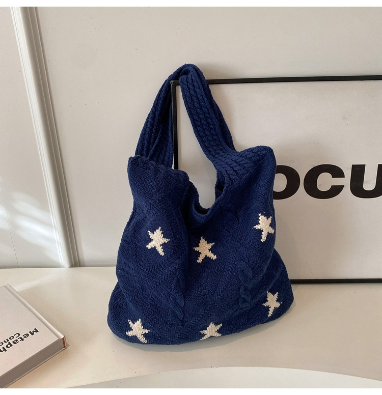 Pletená taška s hviezdnym dizajnom, taška na rameno s veľkou kapacitou, materiál: polyester, podšívka polyester, vnútorné vrecká na telefón a občiansky preukaz, každodenné použitie