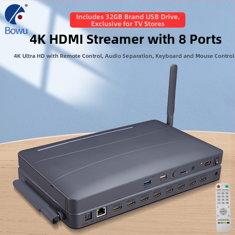 BW-8HFMEDIA 4K HDMI Android multimediálny prehrávač, 8GB RAM, 8GB úložisko, podpora USB kľúča, HDMI distribúcia s 8 portmi