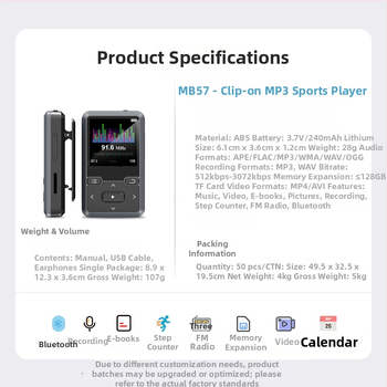 MB57 mini Bluetooth MP3-mängija klipsiga, 1,5-tolline monokromne ekraan, TF-kaart ja USB 2.0, toetus MP3/WMA/WAV/OGG/FLAC/APE, e-raamatute lugemine