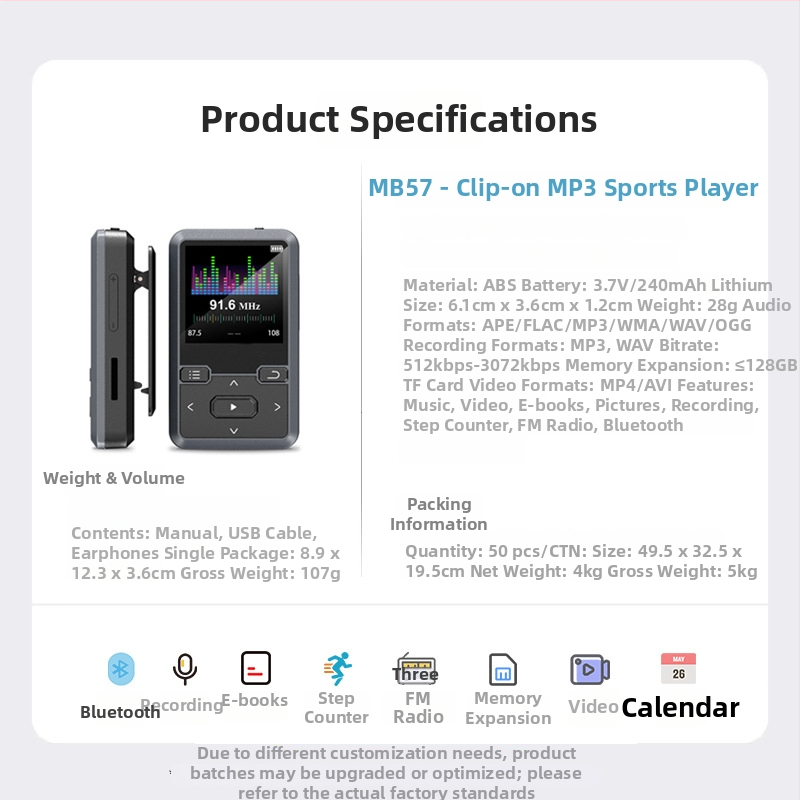 MB57 mini Bluetooth MP3 prehrávač s klipom, 1,5-palcový monochromatický displej, podpora TF karty a USB 2.0, formáty MP3/WMA/WAV/OGG/FLAC/APE, čítačka elektronických kníh