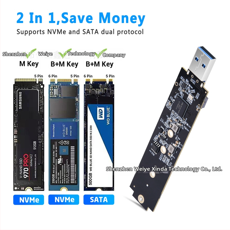 Yesunion M2008 M.2 NVMe PCIe na USB 3.2 Gen 2 Type-A adaptér, RTL9210B čip, plug-in karta, podpora až 2 TB