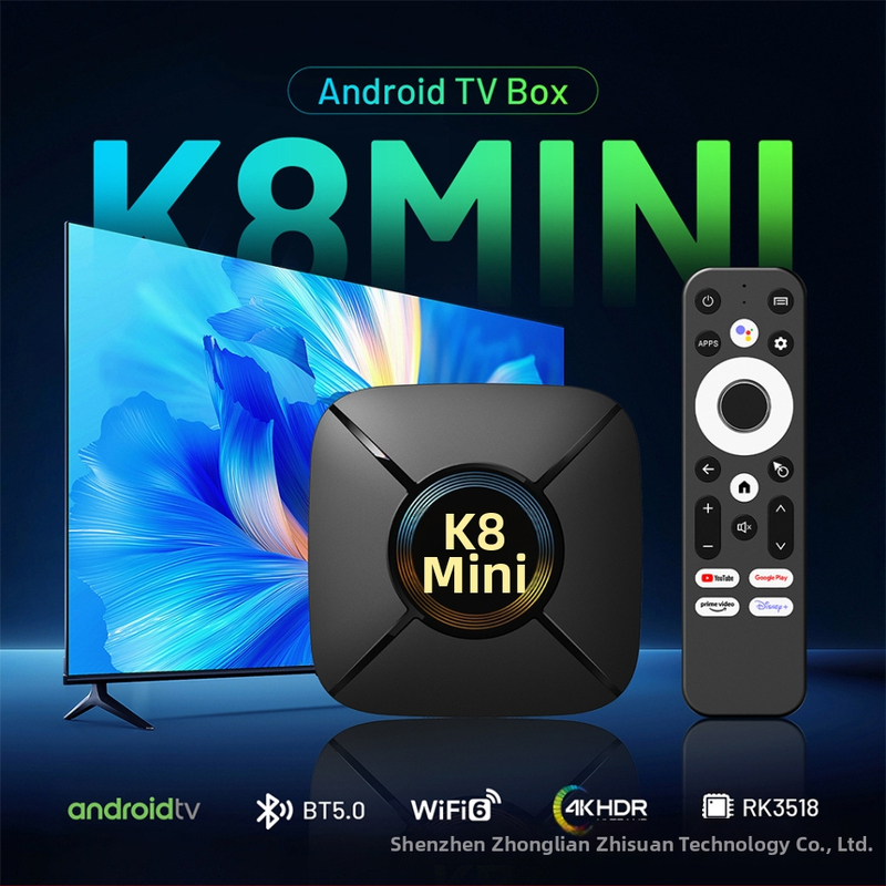 K8mini TV kastīte ar Android 14, RK3518 četrkodolu, 2GB RAM, WiFi 6, 8K atbalsts