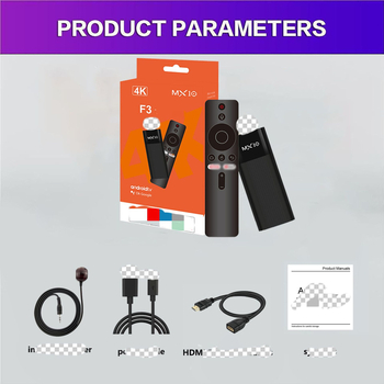 MX10-F3 TV Box мрежов плеър – модел F3, OEM обработка, тегло 185 г, включва дистанционно управление, ръководство за употреба и захранващ кабел.
