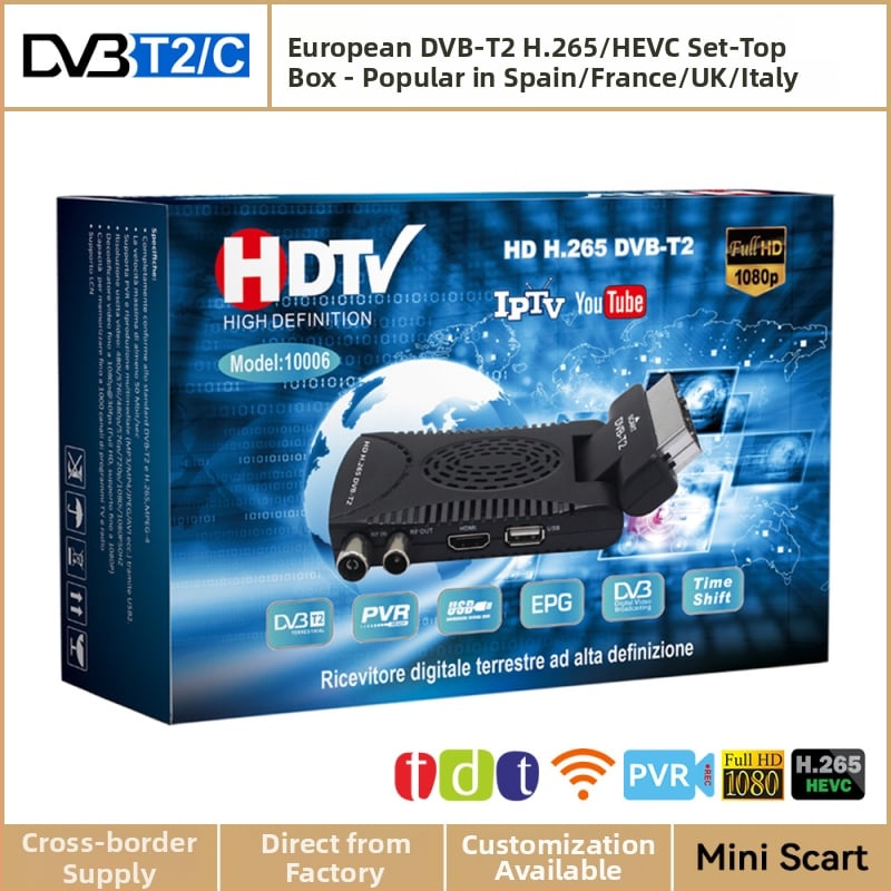 DVB-T2 set-top box ar H.265 HEVC, SCART interfeiss, 1080p atskaņošana, USB/HDMI/Koaksiālais, atbalsta ārējo HDD līdz 2TB