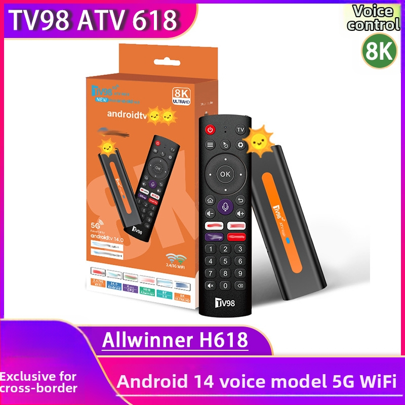 Tv98 ATV H618 TV Box 4K Android 14 ar Bluetooth, Dual 5G Wi‑Fi, HDMI