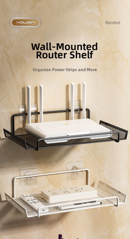 Polička na router – nástenná, železná, snap-on montáž, 1 vrstva, pre skladovanie v obývacej izbe