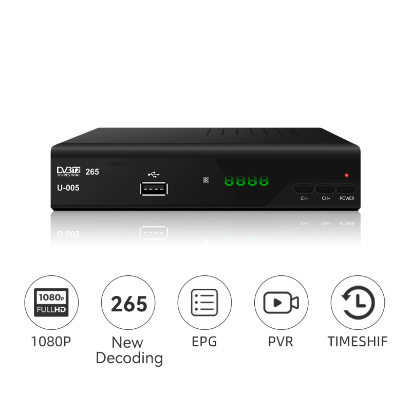DVB-T2 set-top box ar H.265 dekodēšanu, 1080p HD, 10 bitu video, divkodolu procesors, USB/Wi‑Fi/HDMI saskarnes, iebūvēta flash atmiņa