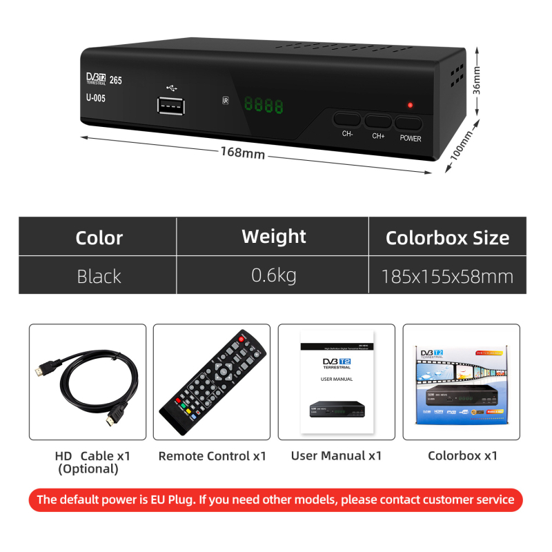 DVB-T2 set-top box ar H.265 dekodēšanu, 1080p HD, 10 bitu video, divkodolu procesors, USB/Wi‑Fi/HDMI saskarnes, iebūvēta flash atmiņa