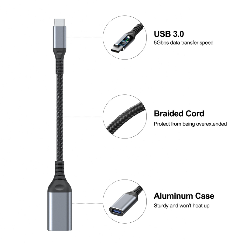 OTG USB 3.0 Patch kábel USB-C 3.1 konvertor, USB 3.0 samica k Type-C, meďový jadro, 500 Mbps, jednokanálový