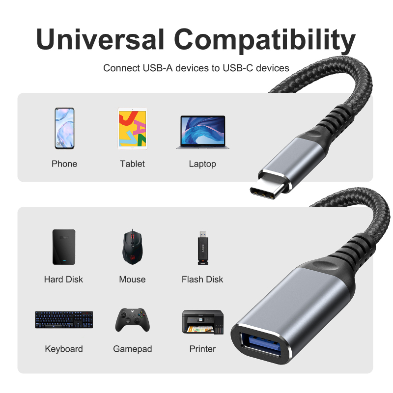 OTG USB 3.0 Patch kábel USB-C 3.1 konvertor, USB 3.0 samica k Type-C, meďový jadro, 500 Mbps, jednokanálový