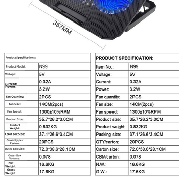 N99 nešiojamojo kompiuterio aušinimo stovas su dviejų ventiliatorių, oro aušinimas, reguliuojamas aukštis, suderinamas su nešiojamojo tipo įrenginiais, ultrabook ir PlayBook.