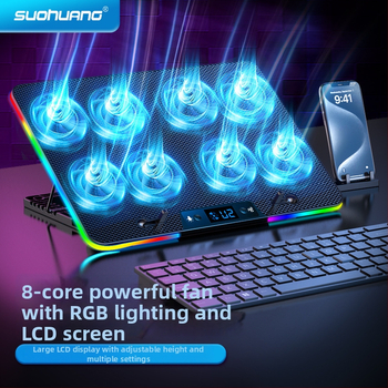 Suo Huang N8RGB nešiojamojo kompiuterio aušintuvo pagrindas – 8 ventiliatoriai, reguliuojamas greitis, RGB apšvietimas, plastikinis korpusas, 2024 m. leidimas