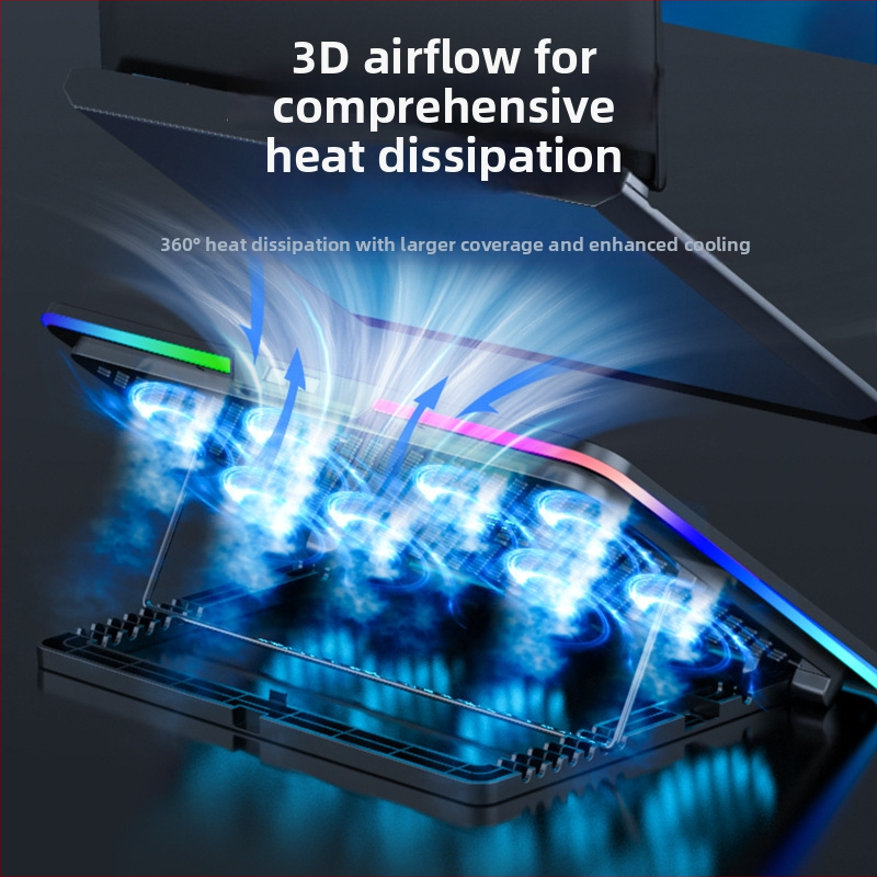 Suo Huang N8RGB nešiojamojo kompiuterio aušintuvo pagrindas – 8 ventiliatoriai, reguliuojamas greitis, RGB apšvietimas, plastikinis korpusas, 2024 m. leidimas