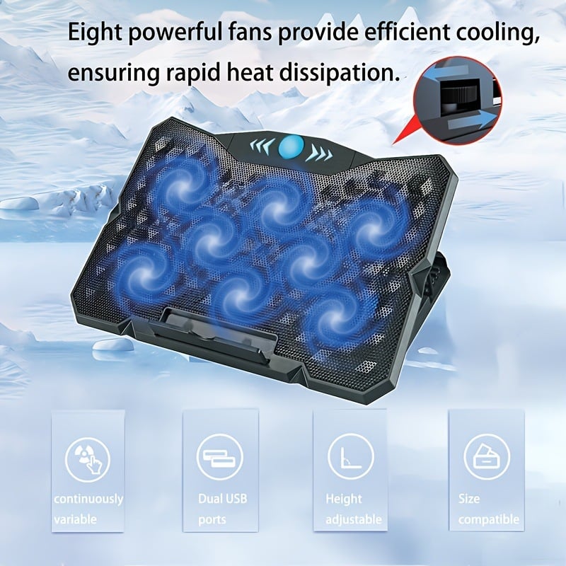 Радиатор за лаптоп F8 Plus с 8 нискошумни вентилатори, пластмасова конструкция, охлаждане с вентилатор