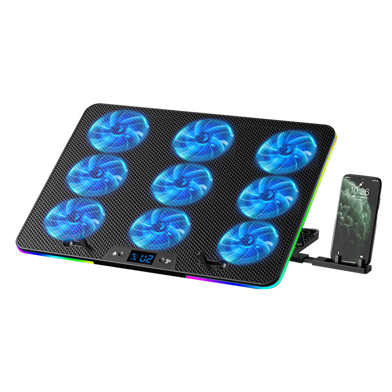 Bază de răcire pentru laptop cu 9 ventilatoare, reglaj viteze, iluminare RGB, model N9RGB, din plastic