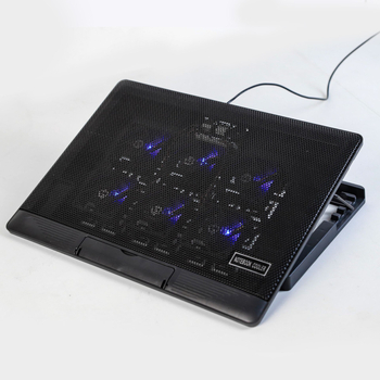 Notebook hűtő állítható magasságú, LED-es világítással, hat ventillátorral, fém háló alap