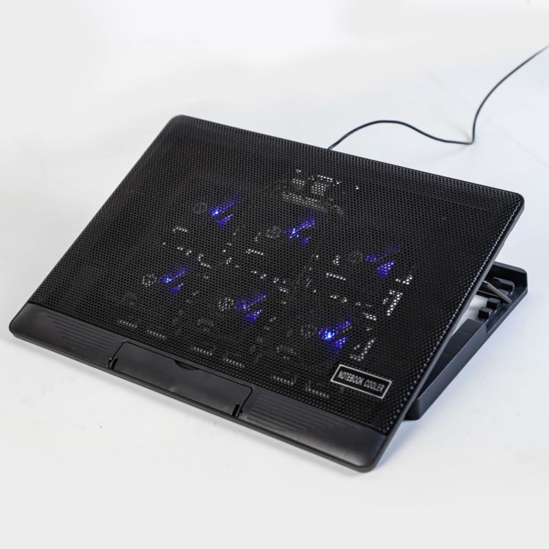 Notebook hűtő állítható magasságú, LED-es világítással, hat ventillátorral, fém háló alap