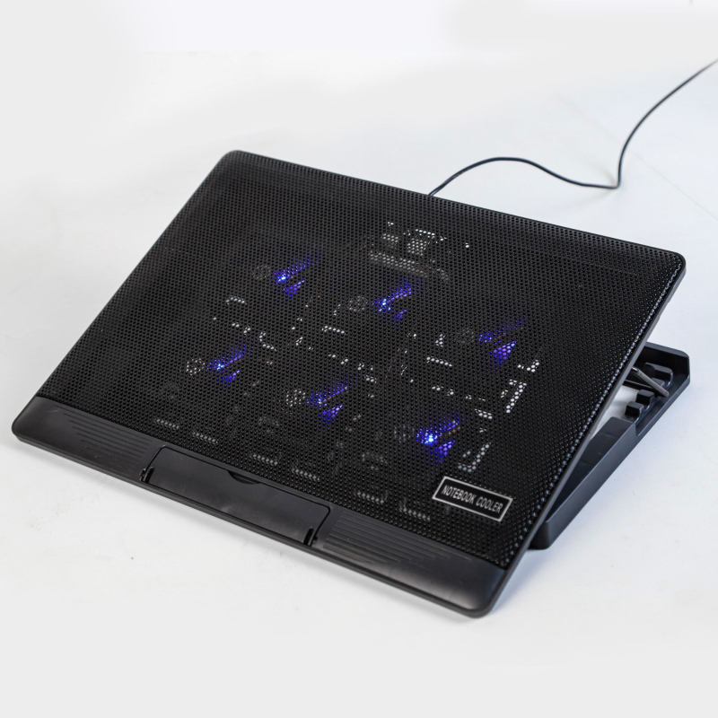 Notebook hűtő állítható magasságú, LED-es világítással, hat ventillátorral, fém háló alap