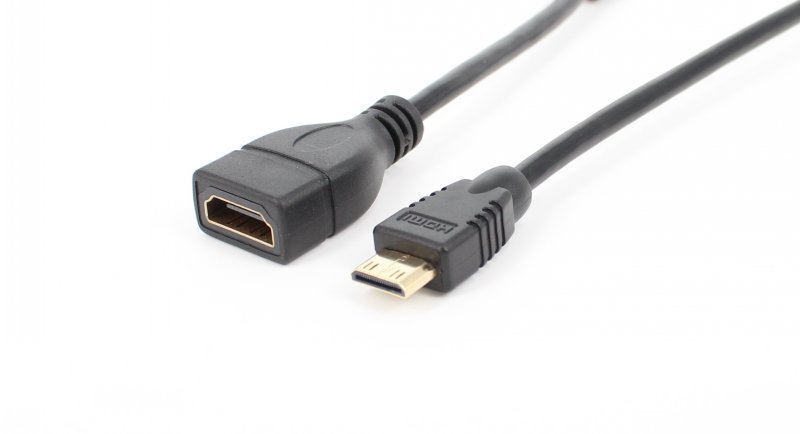 HDMI mini férfi– HDMI szabvány nő adaptor kábel, 17 cm hosszú, rézzel bevont acélmag