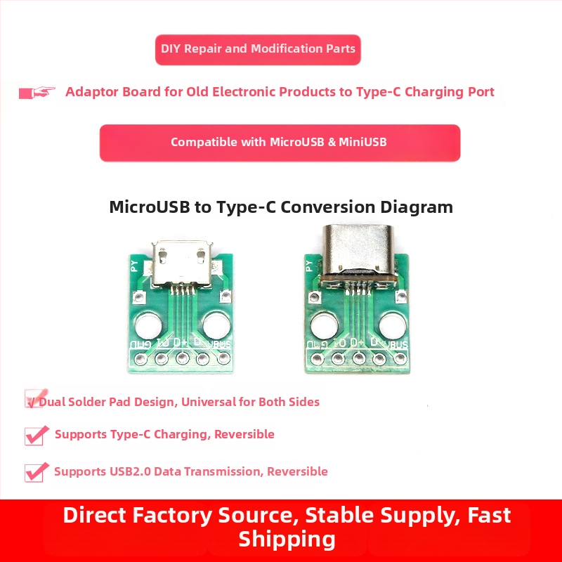 MC007 Micro USB na Type-C adaptér doska, USB 2.0, Micro USB rozhranie, použitie: upgrade starších zariadení z Micro USB na Type-C, meďové jadro